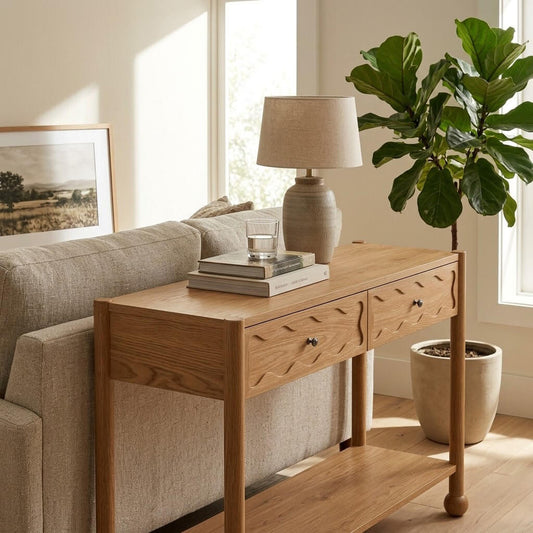 Arlo natural oak console table styled against an entryway wall with mirror and decorative accessories