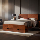 Wing Solid Wood Storage Bed in Dark Walnut with herringbone inlay headboard and detachable footboard drawers,