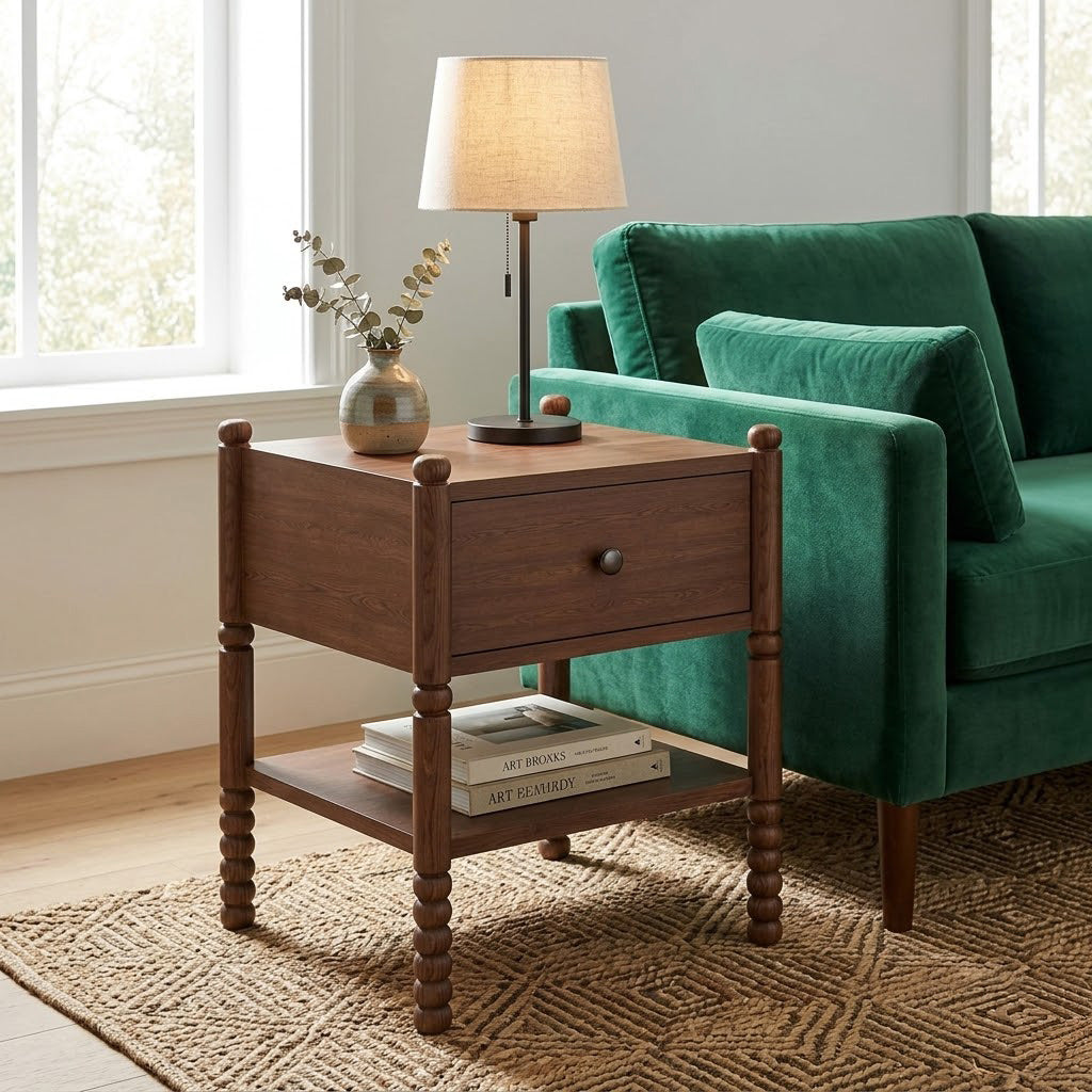Wing Side Table | Soft-Close Drawer | Dark Walnut