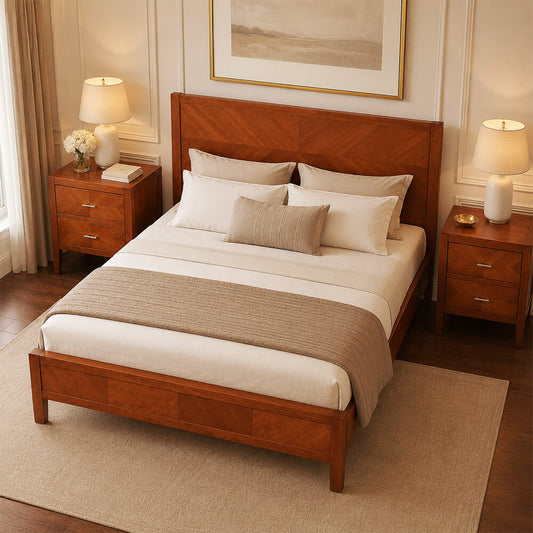 Solid wood queen bed frame in walnut finish with matching nightstands and neutral bedding in a warm bedroom setting