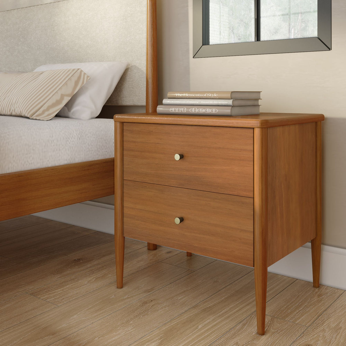 Harbor Solid Pine Nightstand – Mid-Century 2-Drawer Bedside Table