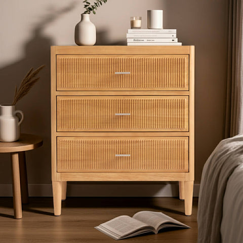 "Arlo collection wide storage chest featuring 3 fluted drawers in natural oak
