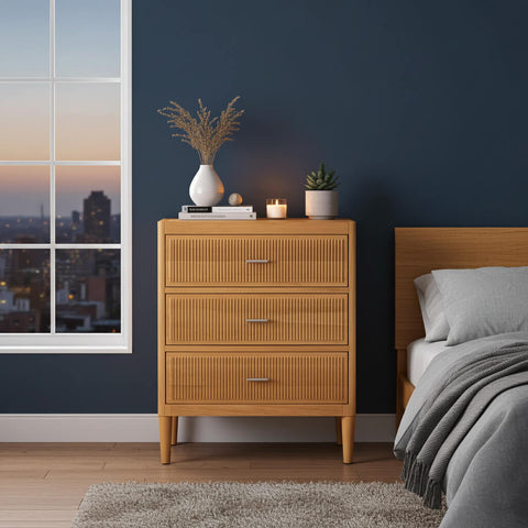 Natural oak 3-drawer wide chest with fluted drawer fronts