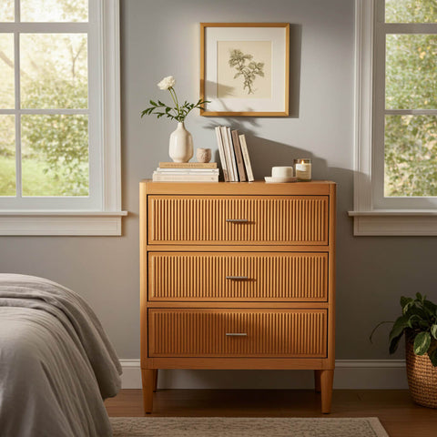 Arlo wide chest of drawers with 3 fluted storage drawers in natural oak finish