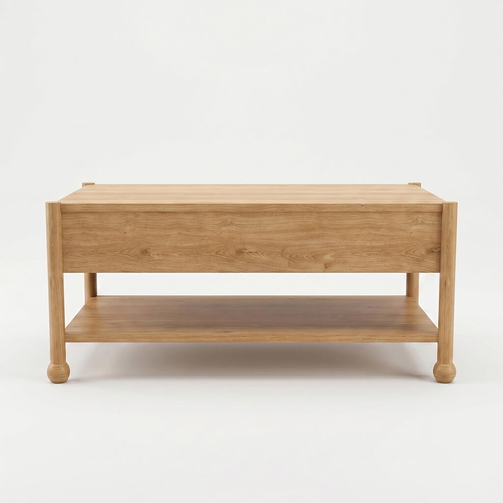 Rear view of Arlo natural oak coffee table showing solid wood construction and open lower shelf