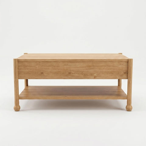 Rear view of Arlo natural oak coffee table showing solid wood construction and open lower shelf