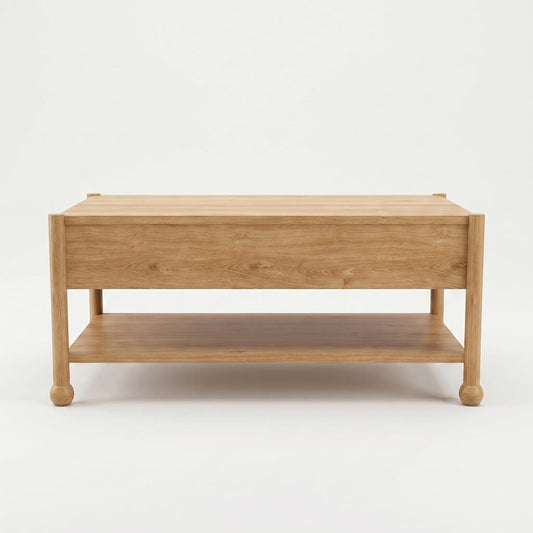 Rear view of Arlo natural oak coffee table showing solid wood construction and open lower shelf