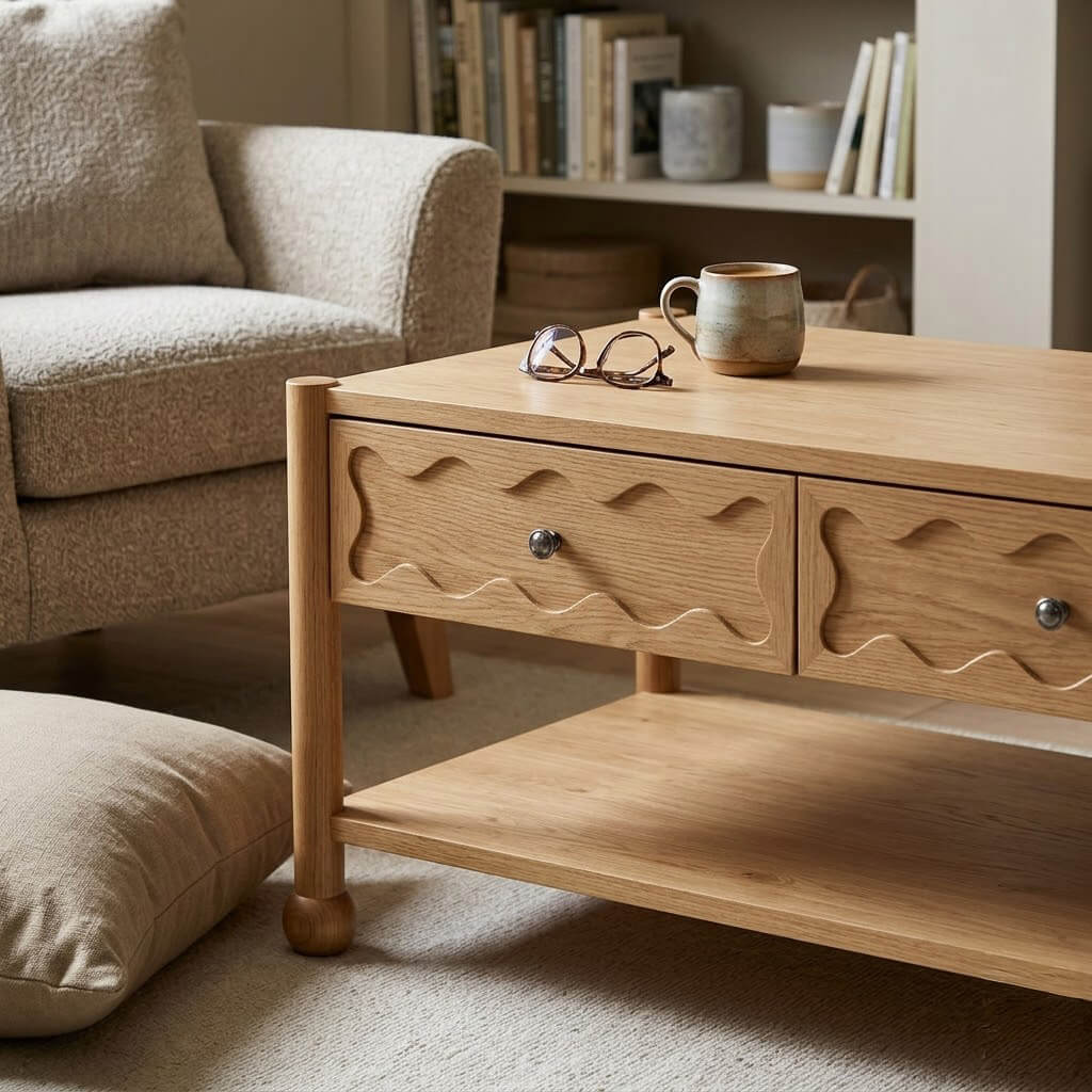 Arlo coffee table in natural oak with wave-carved drawers in a warm minimalist interior setting