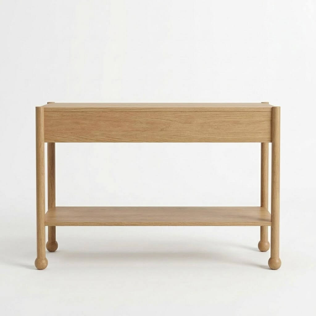 Rear view of Arlo solid wood console table in natural oak showing construction and open lower shelf