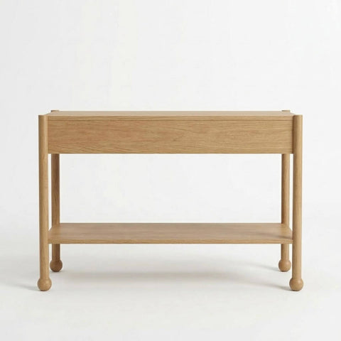 Rear view of Arlo solid wood console table in natural oak showing construction and open lower shelf