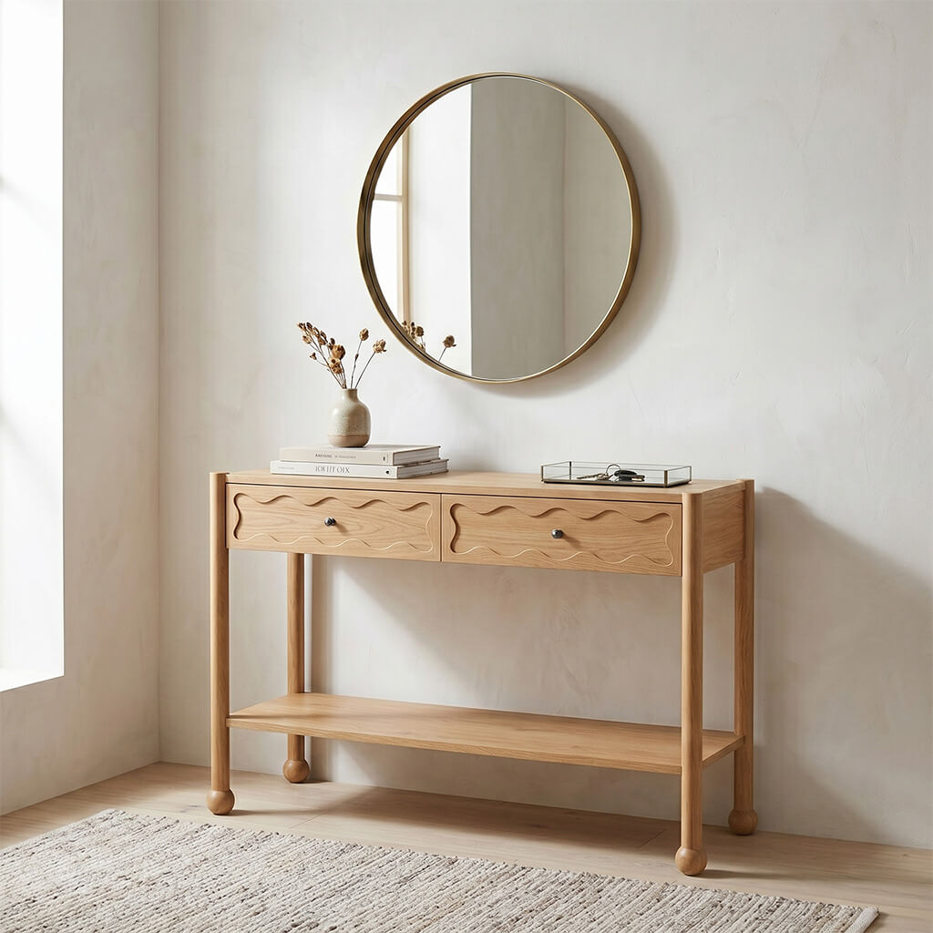 Arlo console table in natural oak with wave-carved drawer fronts in a modern living room interior