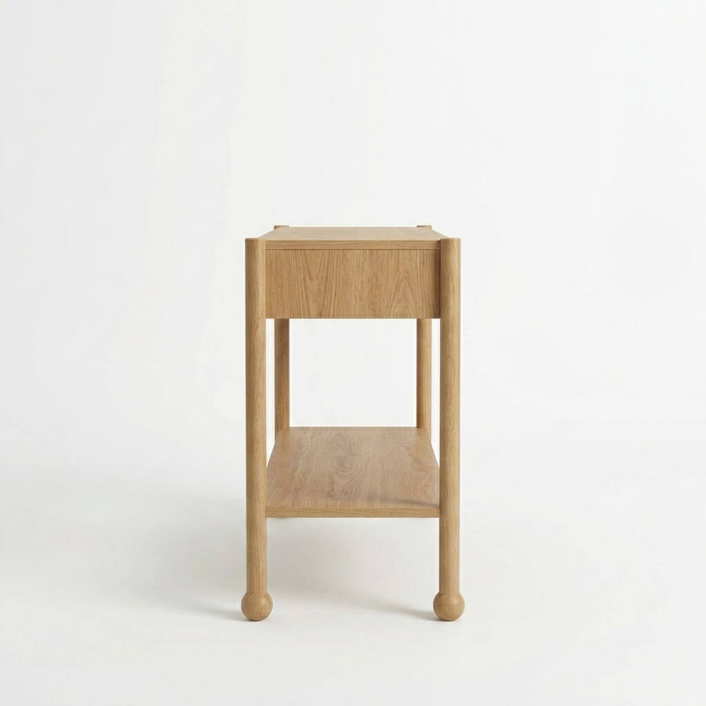 Side profile of Arlo natural oak console table showing depth, lower shelf, and solid wood bun feet