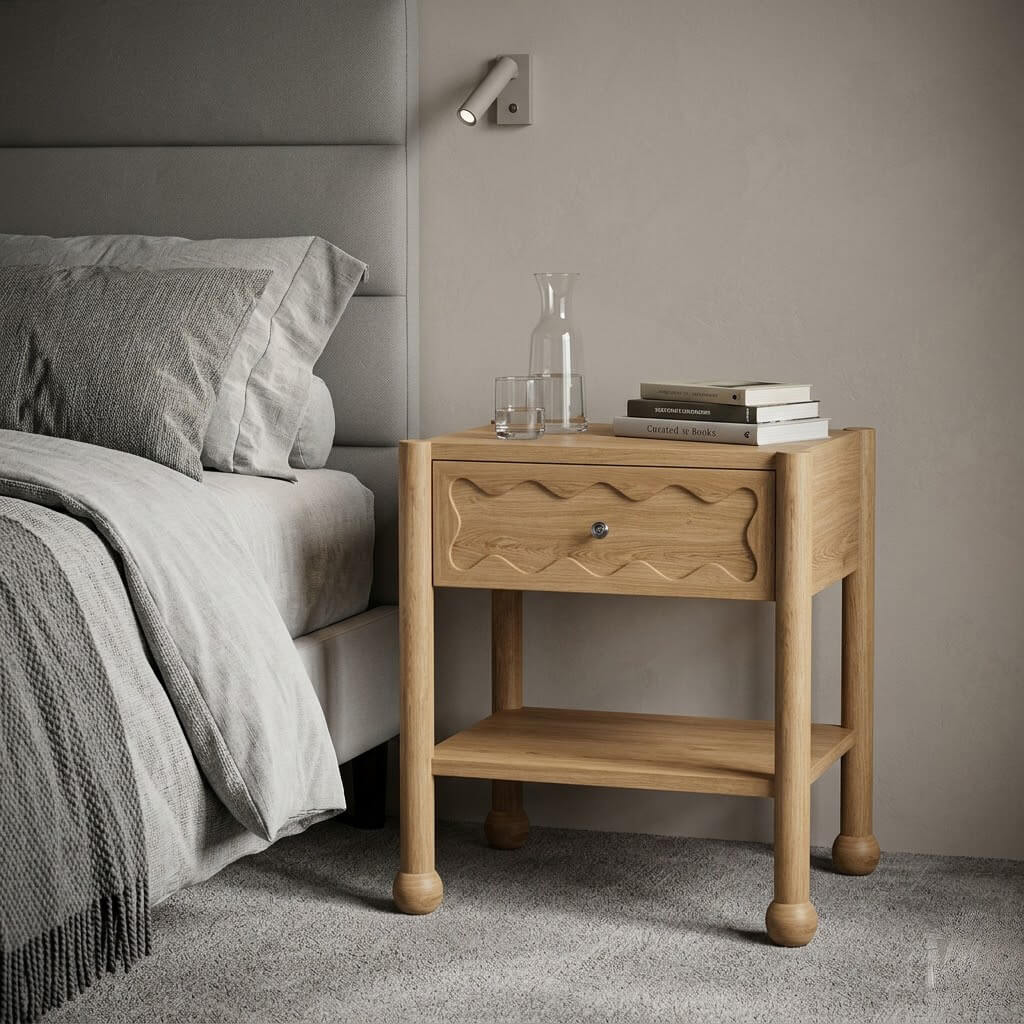 Arlo side table in natural oak positioned in a living room with lamp and decorative items on top