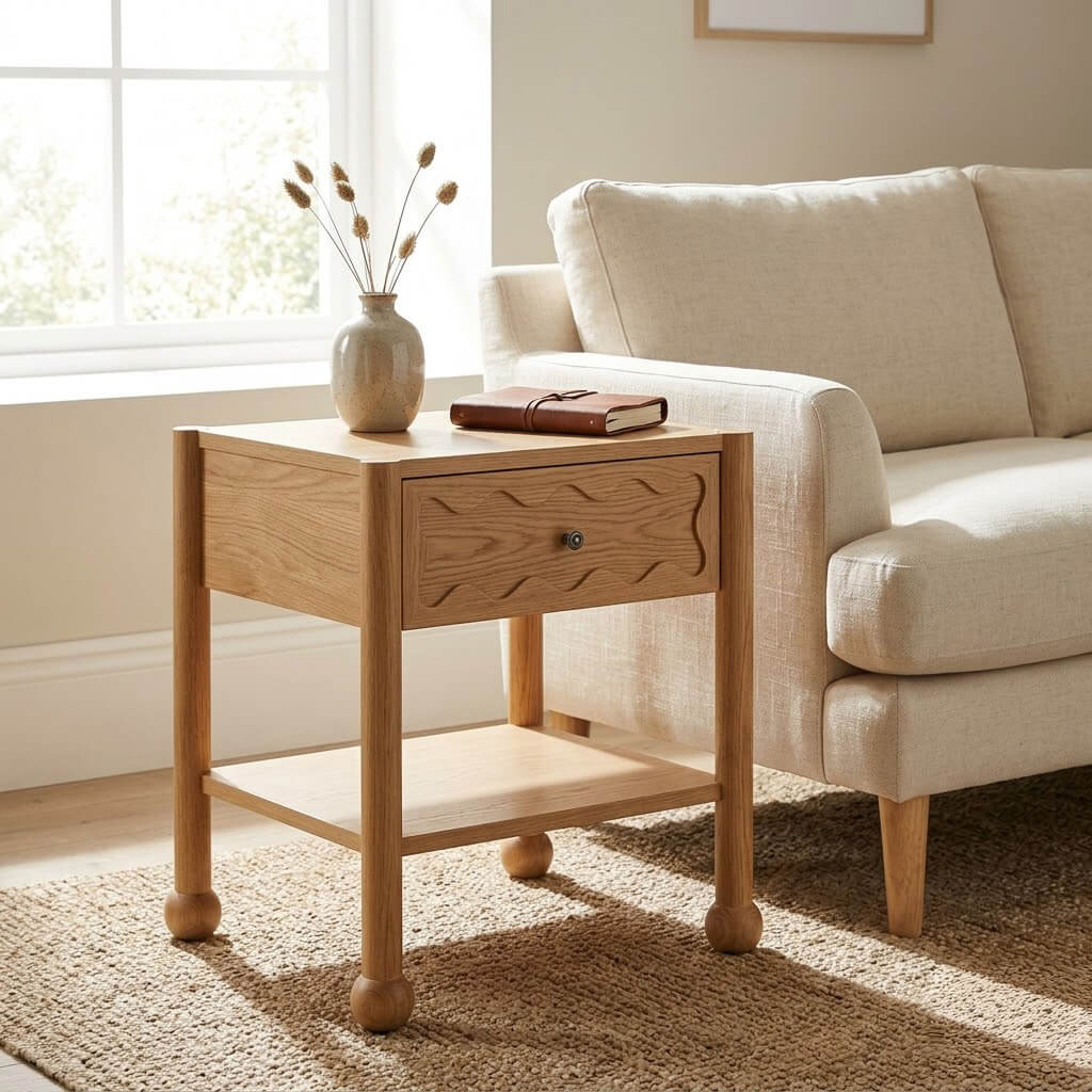 Arlo natural oak side table with wave-carved drawer styled beside a sofa in a bright living room