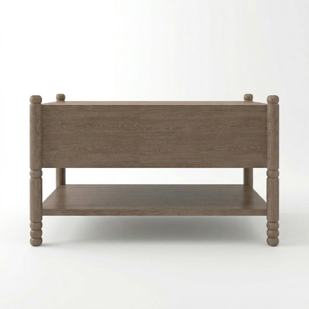 Rear view of Wing dark walnut coffee table showing two storage drawers and open lower shelf