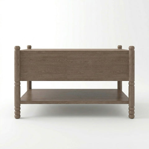 Rear view of Wing dark walnut coffee table showing two storage drawers and open lower shelf