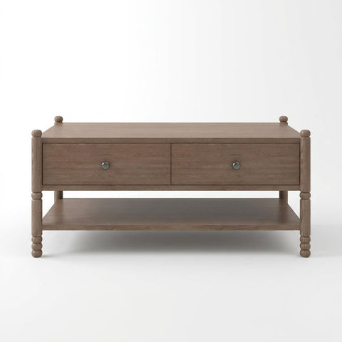 Front view of Wing solid wood coffee table in dark walnut with two smooth-glide storage drawers and bobbin-turned legs