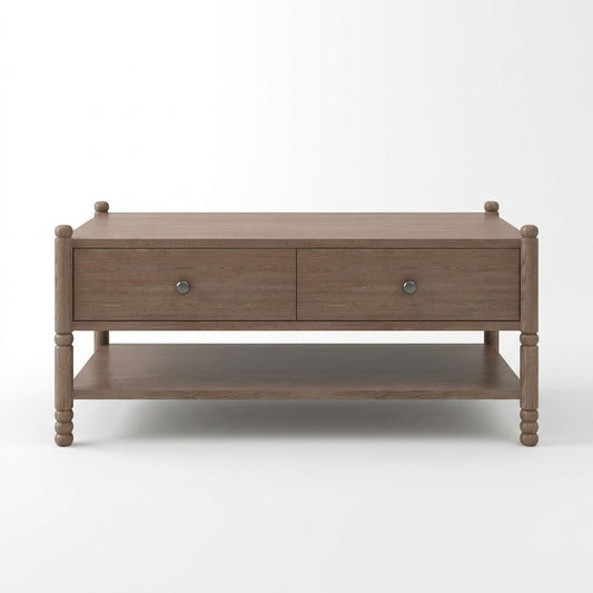 Front view of Wing solid wood coffee table in dark walnut with two smooth-glide storage drawers and bobbin-turned legs
