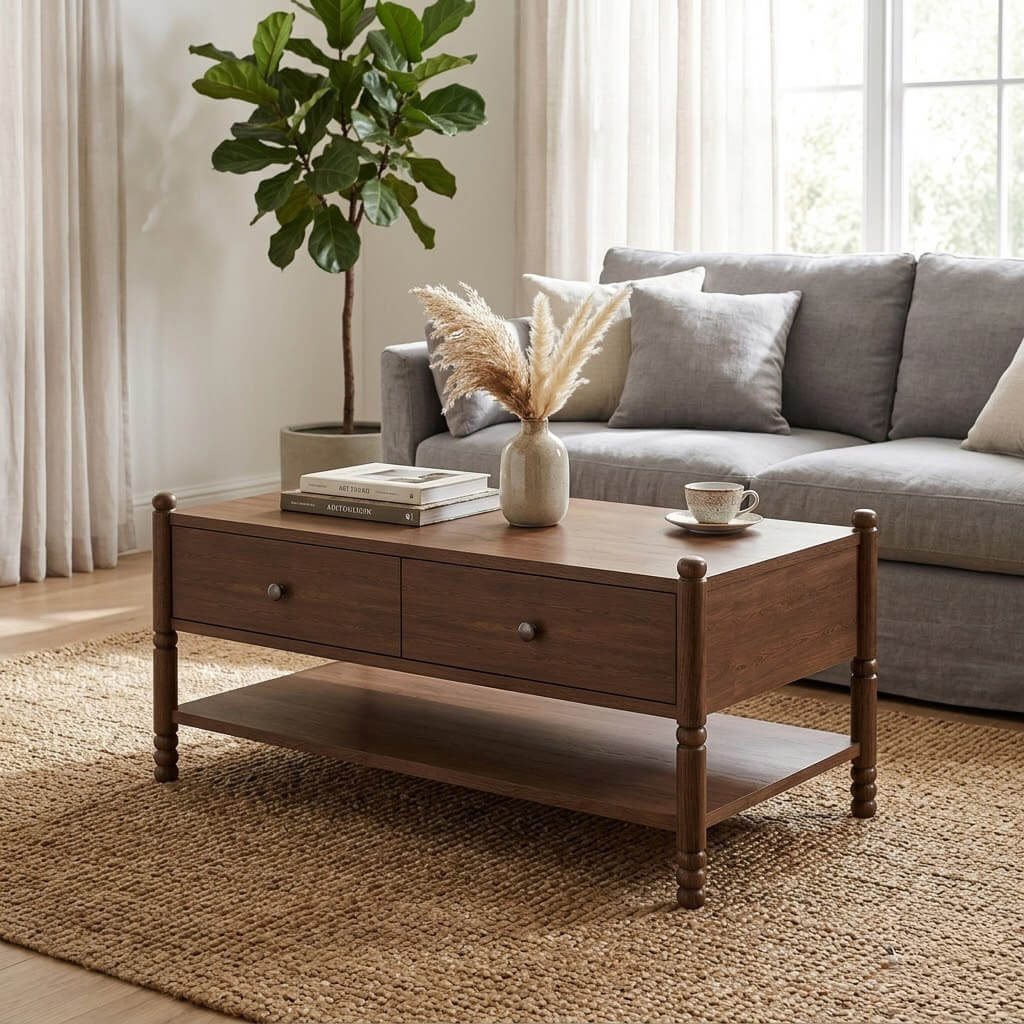 Wing solid wood coffee table in dark walnut finish in a warm living room with area rug and seating