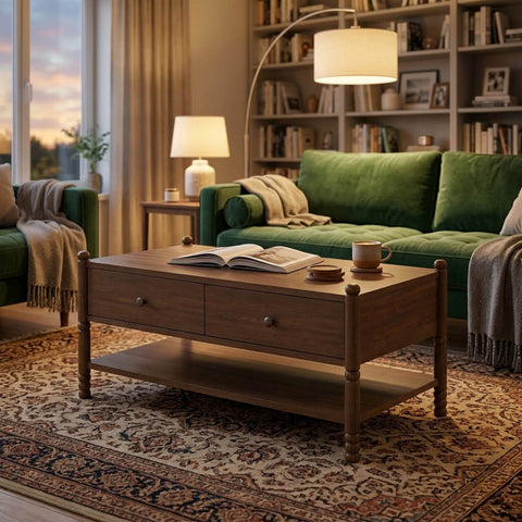 Wing dark walnut coffee table styled in a modern living room setting with sofa and decorative accessories