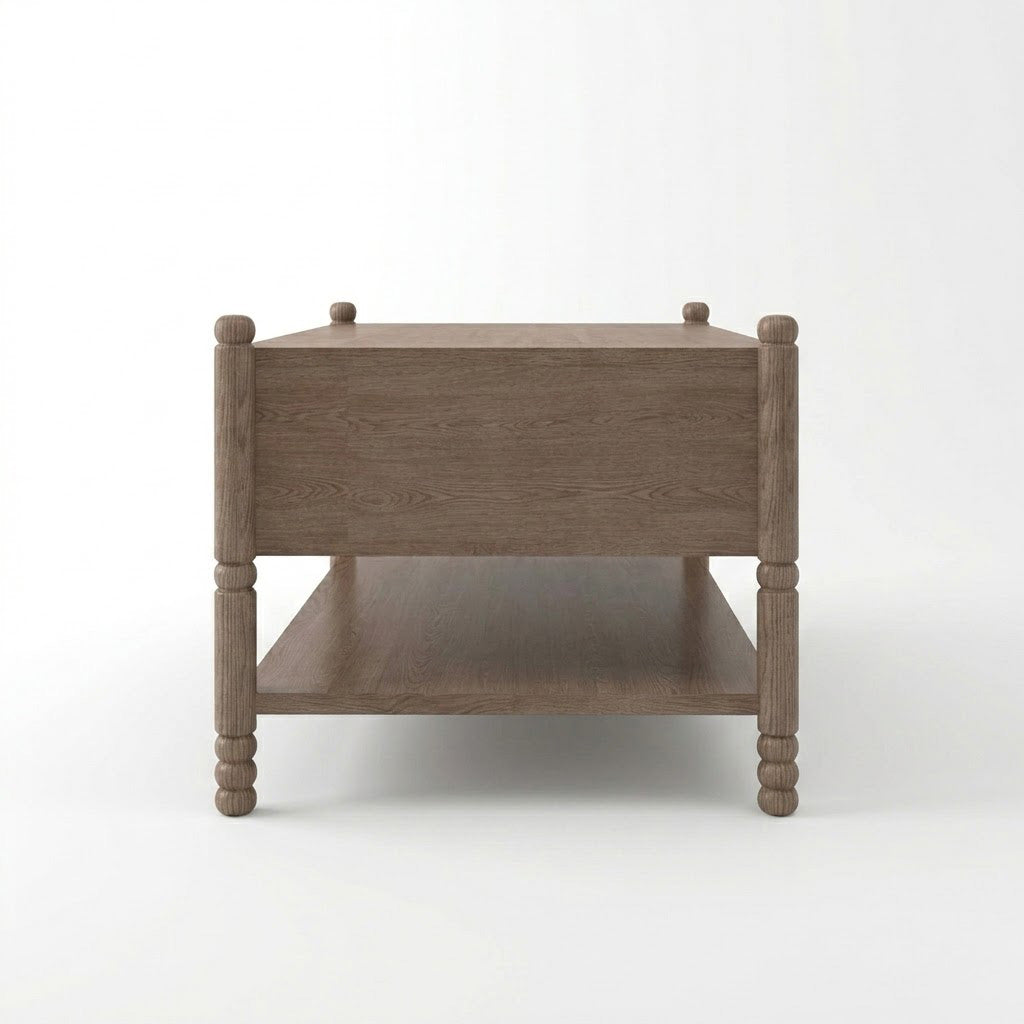 Side view of Wing dark walnut coffee table showing open lower shelf and signature bobbin-turned leg detail