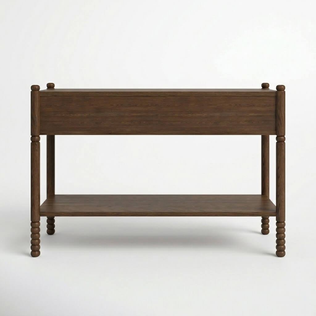 Rear view of Wing dark walnut console table showing solid wood construction and open lower shelf