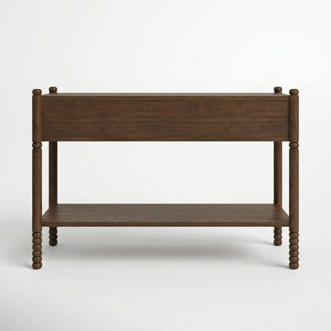 Rear view of Wing dark walnut console table showing solid wood construction and open lower shelf