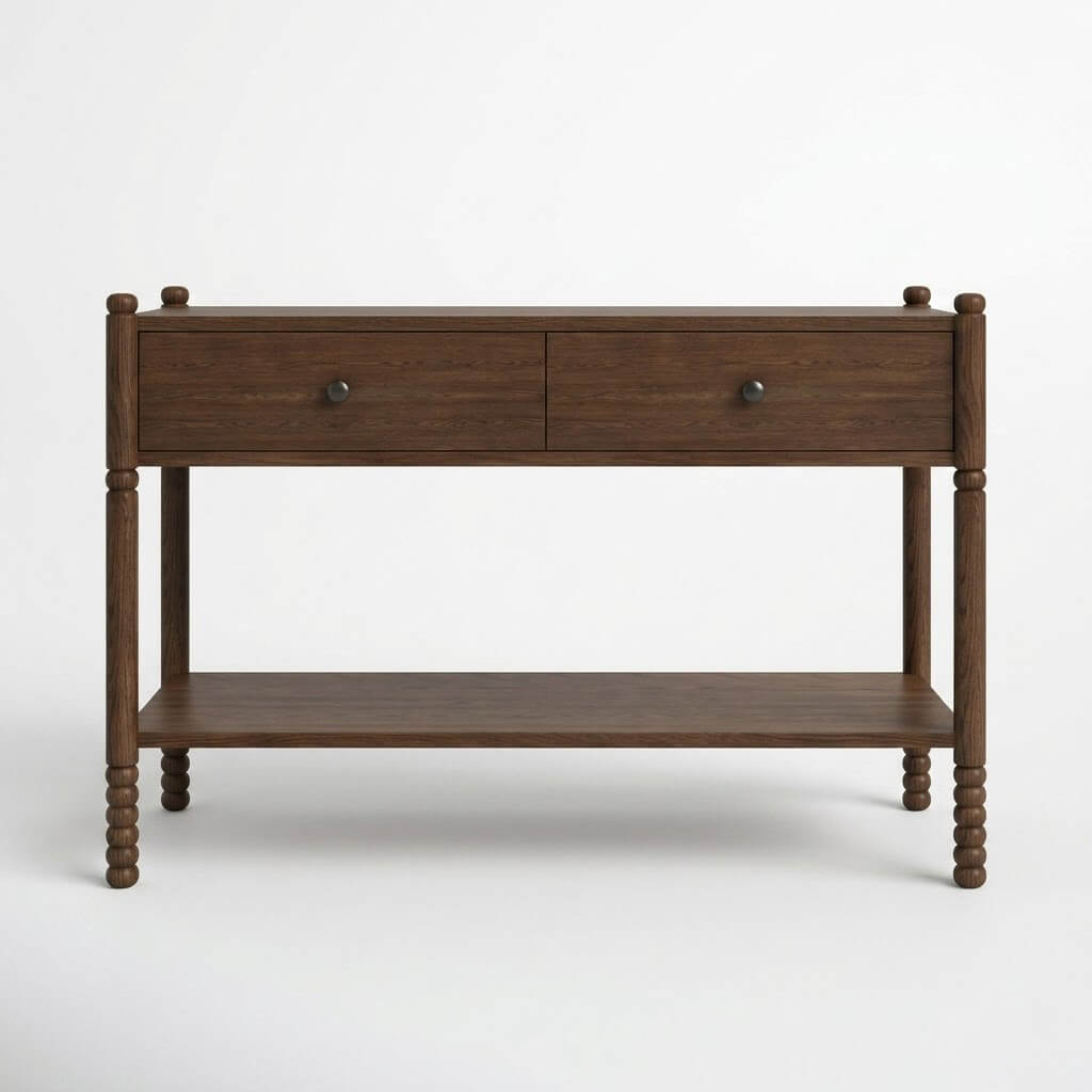 Front view of Wing solid wood console table in dark walnut with two smooth-glide drawers and bobbin-turned legs