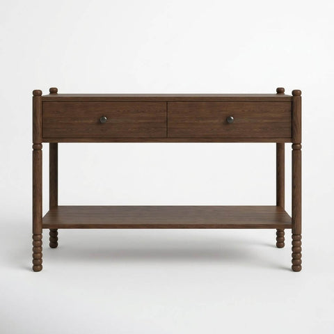 Front view of Wing solid wood console table in dark walnut with two smooth-glide drawers and bobbin-turned legs