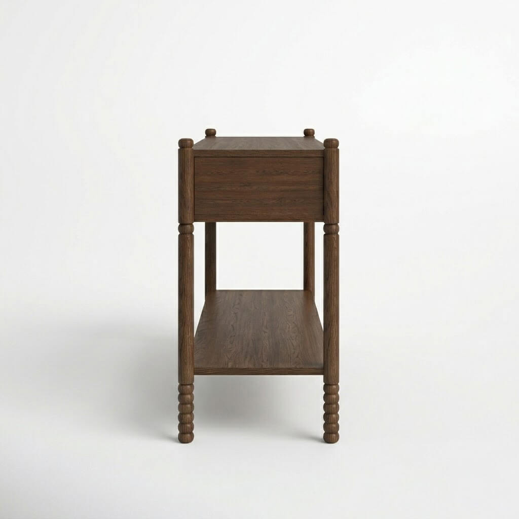 Side view of Wing dark walnut console table showing open lower shelf and signature bobbin-turned leg detail