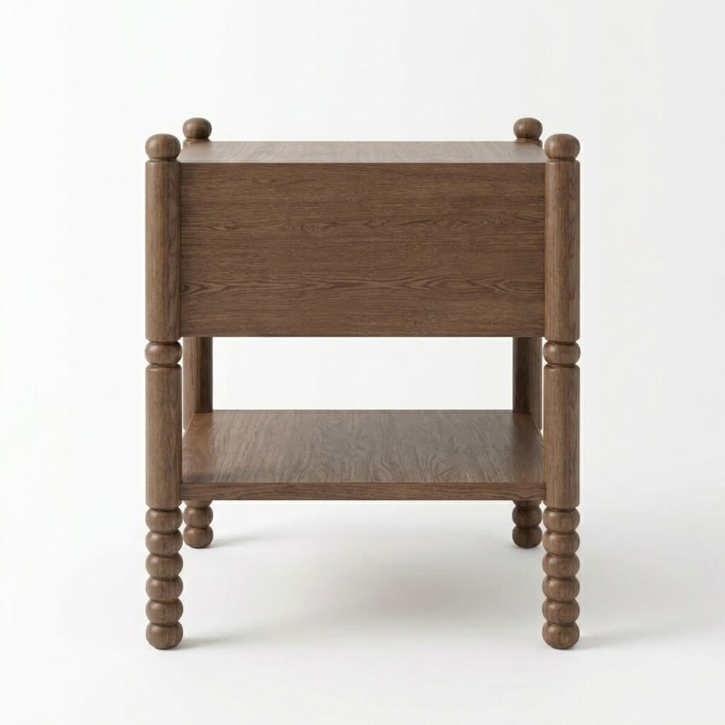 Rear view of Wing solid wood side table in dark walnut showing back panel and leg construction