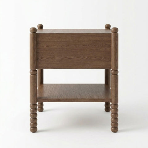 Rear view of Wing solid wood side table in dark walnut showing back panel and leg construction