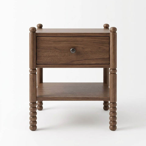 Front view of Wing solid wood side table in dark walnut with soft-close drawer and open lower shelf