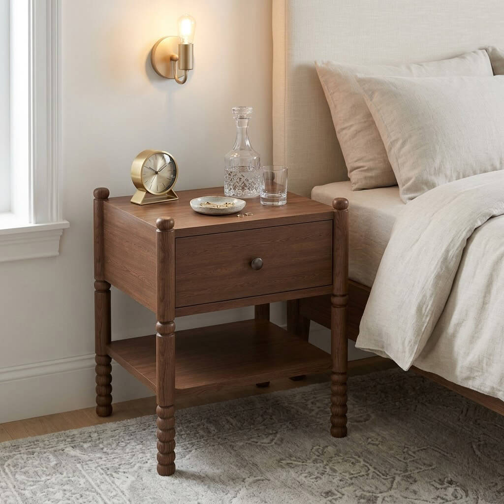 Wing dark walnut side table styled as a nightstand beside a bed with a lamp and decorative bowl