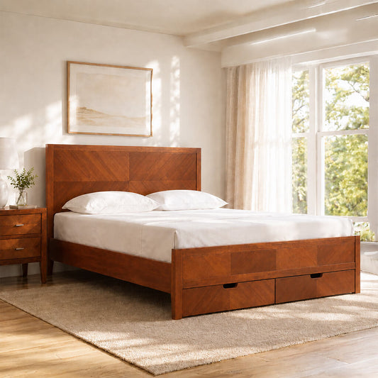 Wooden bed frame with drawers 