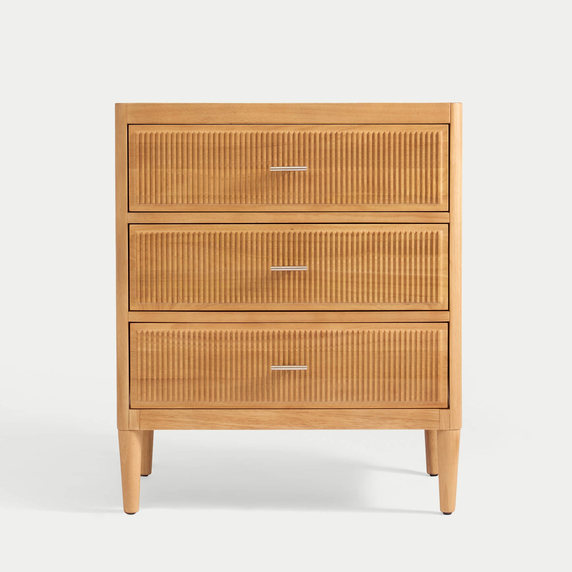 Wooden dresser with three drawers on a white background