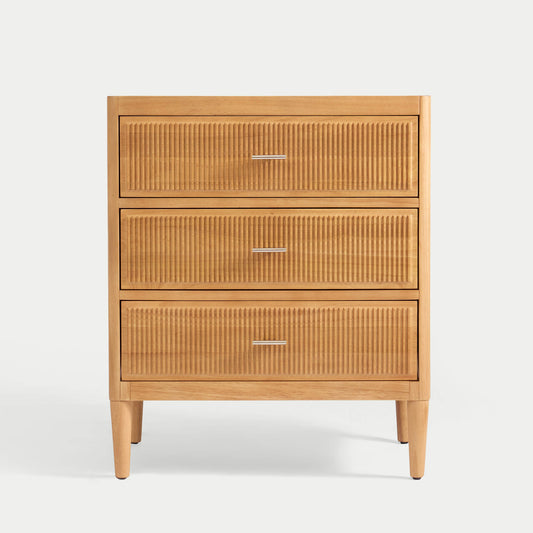 Wooden dresser with three drawers on a white background