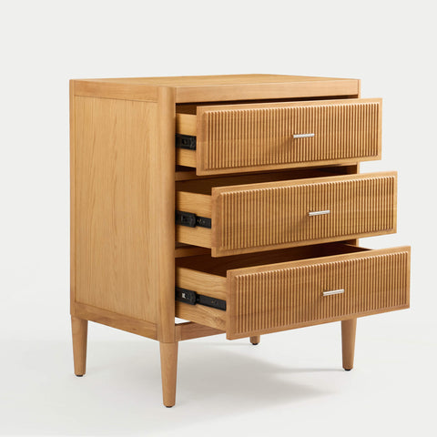 Arlo 3-drawer wide chest in natural oak with drawers partially open showing storage space and smooth-glide runners
