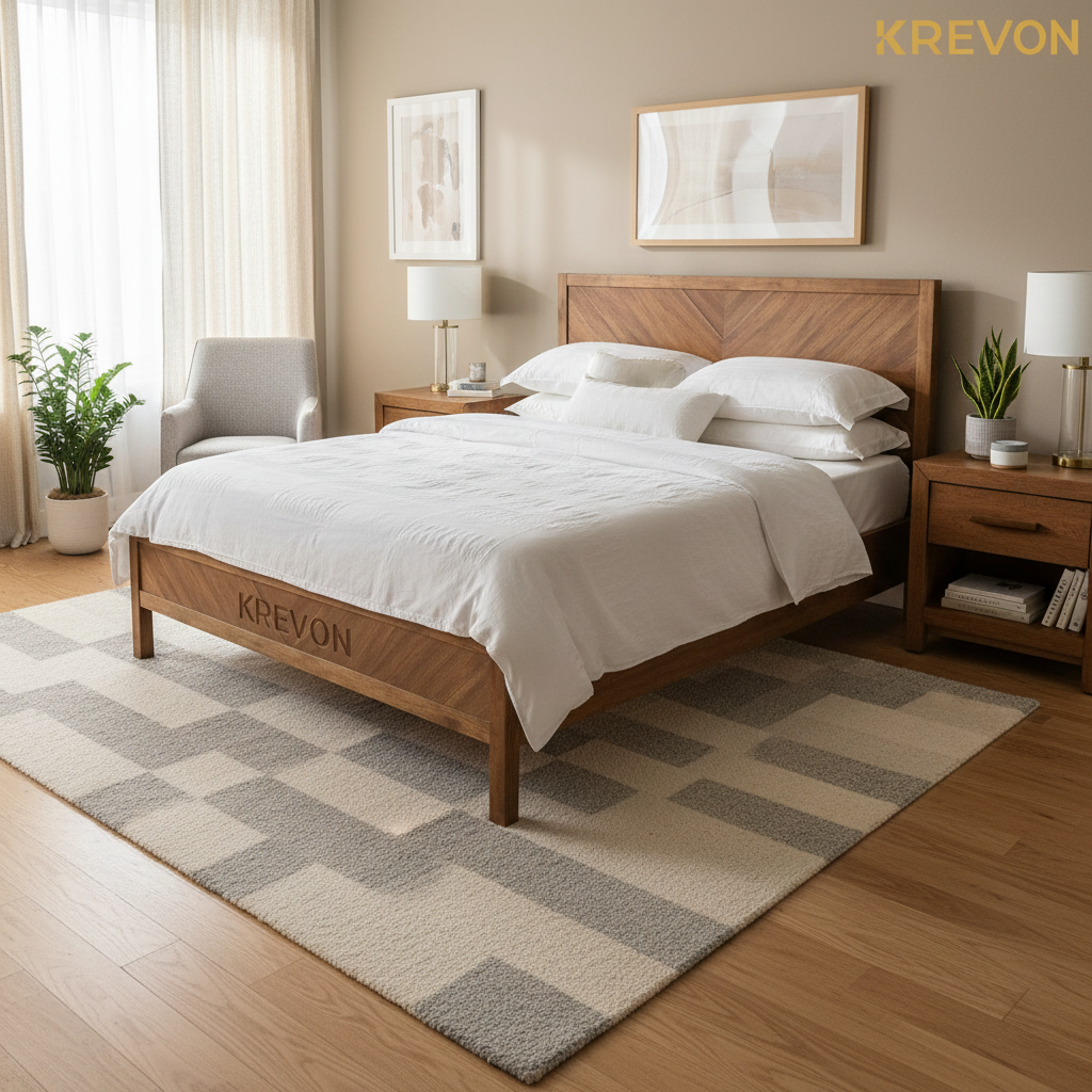 Bed in modern bedroom with KREVON watermark