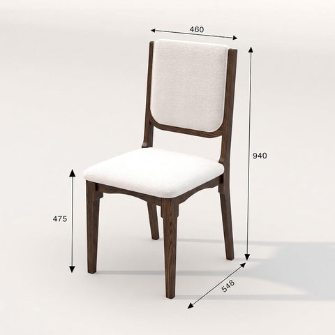 Cove solid wood dining chair in dark walnut with cream bouclé upholstery, dimensions 460W × 548D × 940H mm