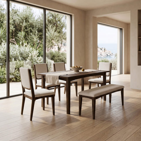 Cove solid wood dining table with upholstered chairs in dark walnut for a complete dining room setting
