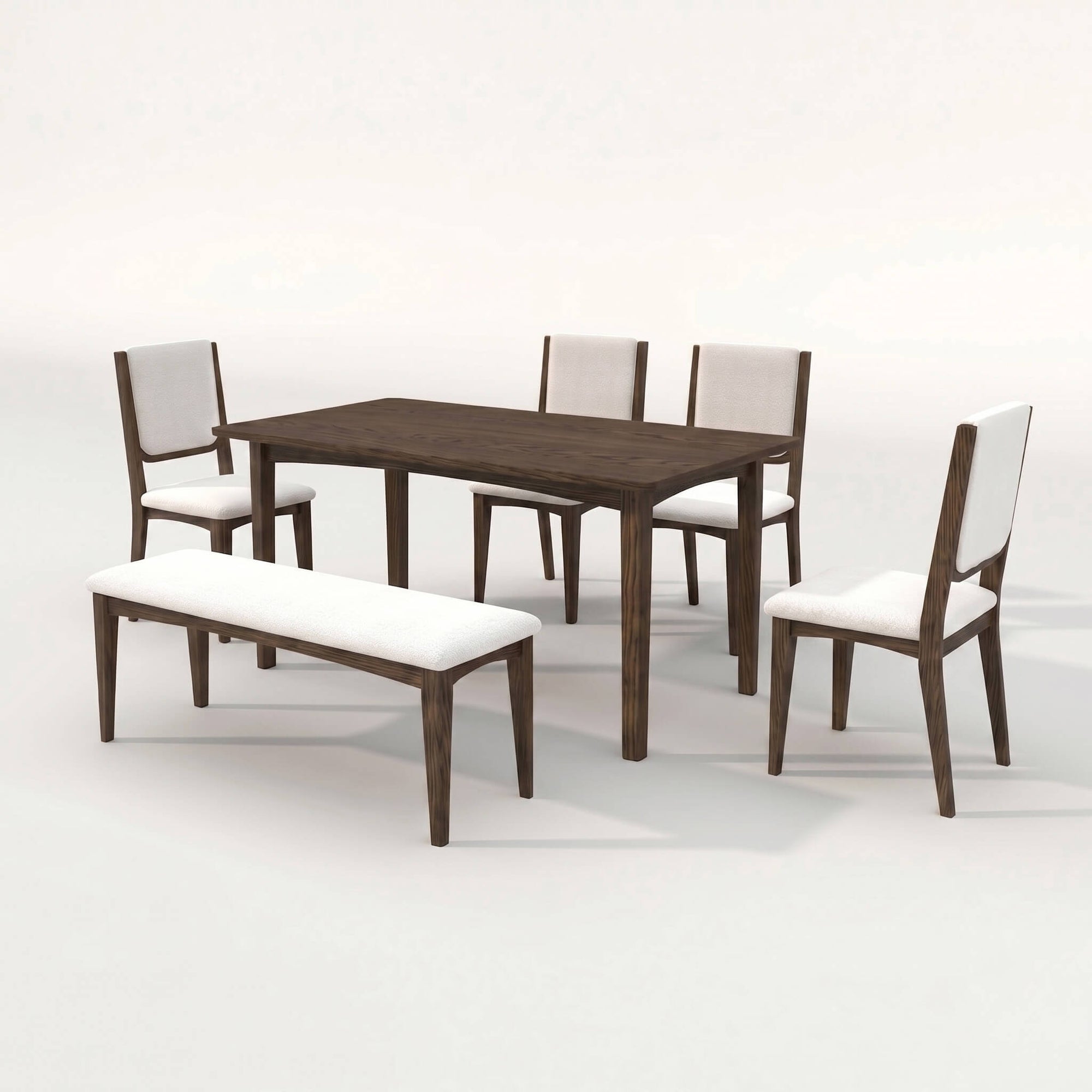 Cove dining set with bench in a sun-filled dining room with large windows and warm timber flooring
