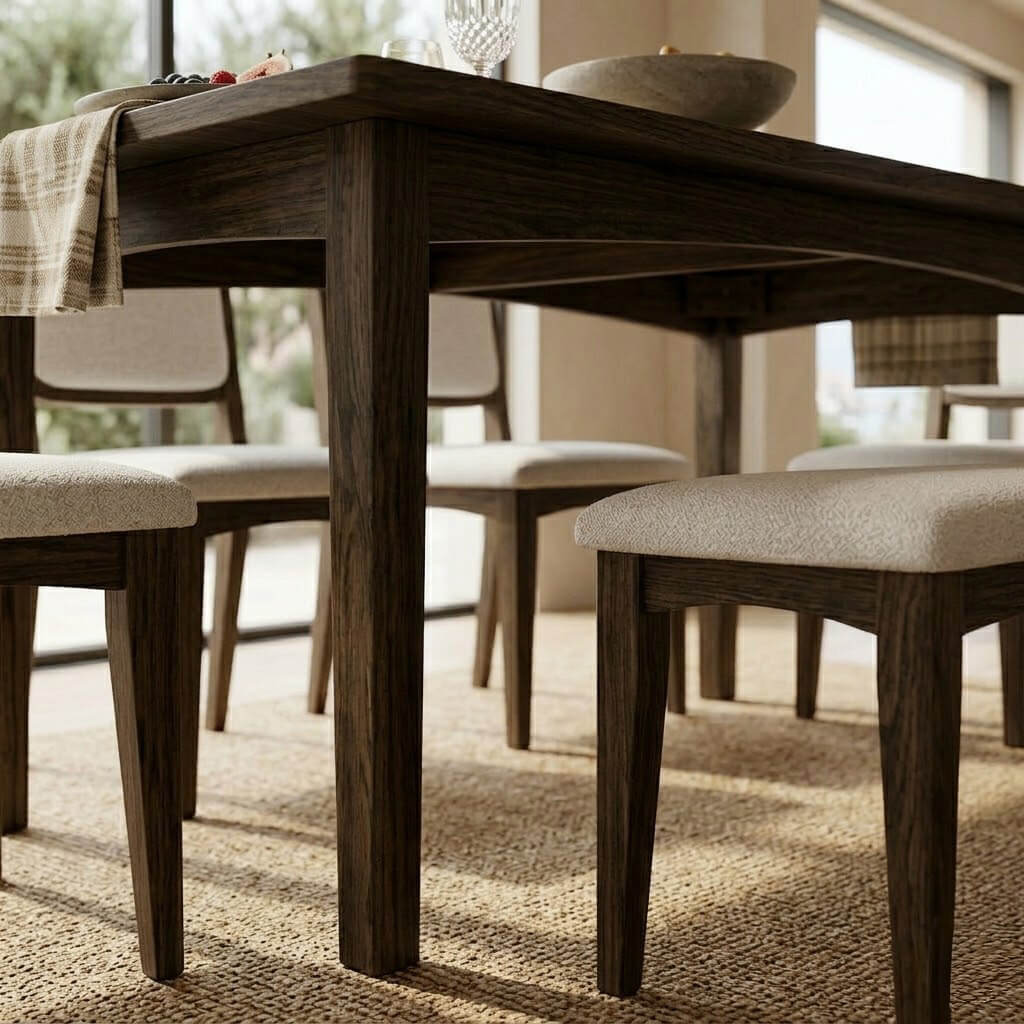 Underside view of Cove dining table showing cross-brace stretcher and tapered leg joinery in dark walnut