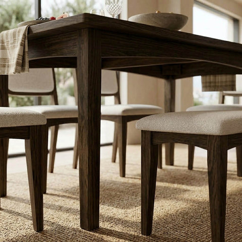Underside view of Cove dining table showing cross-brace stretcher and tapered leg joinery in dark walnut