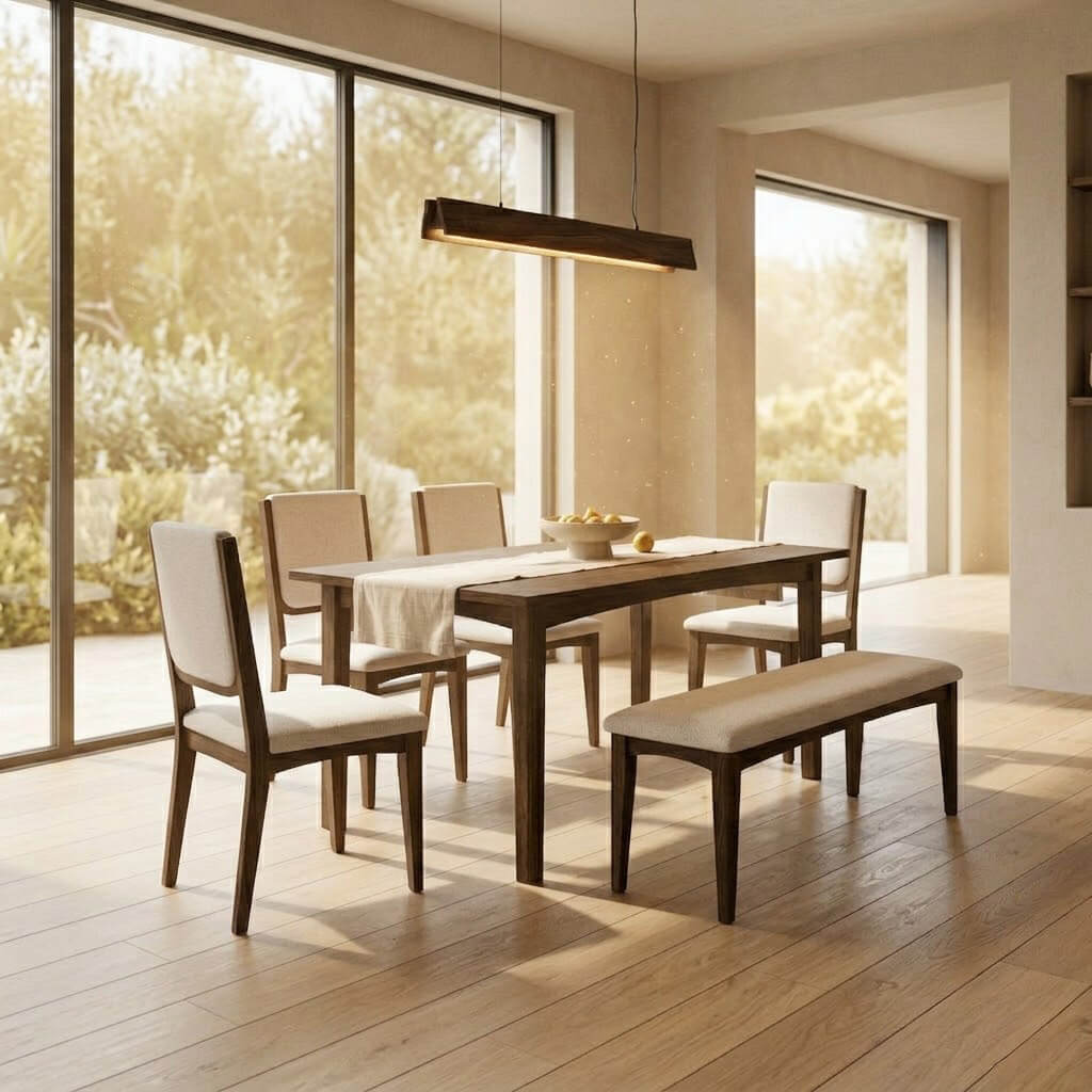 Cove complete dining set in dark walnut with table, upholstered chairs and bench in a bright Mediterranean dining room