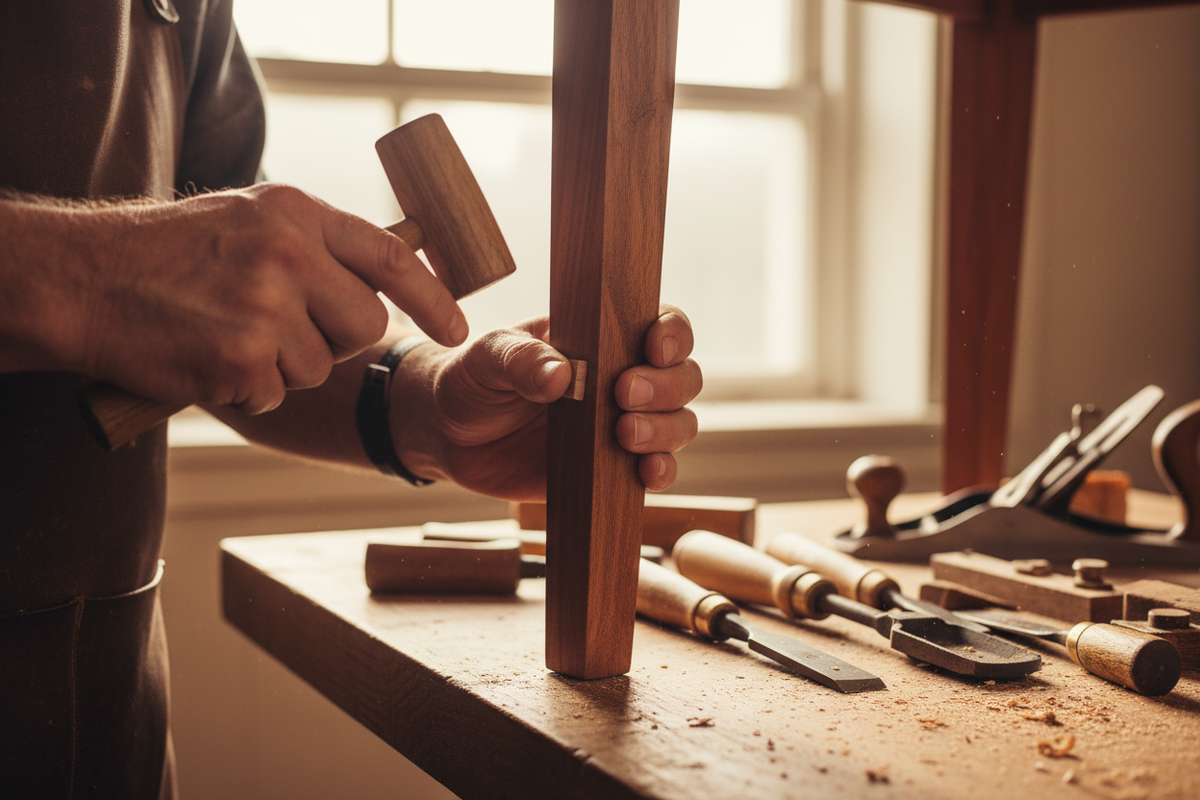 Hands repairing solid wood furniture joinery