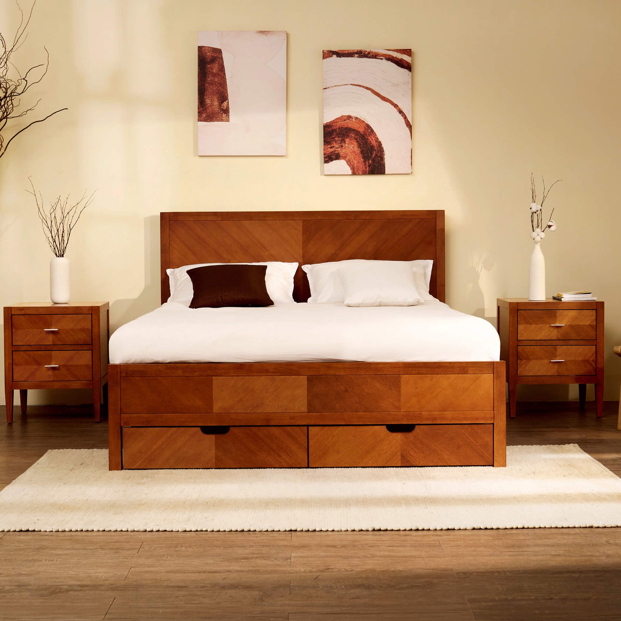 Modern minimalist bedroom interior featuring the Krevon Wings solid wood nightstand as a bedside table