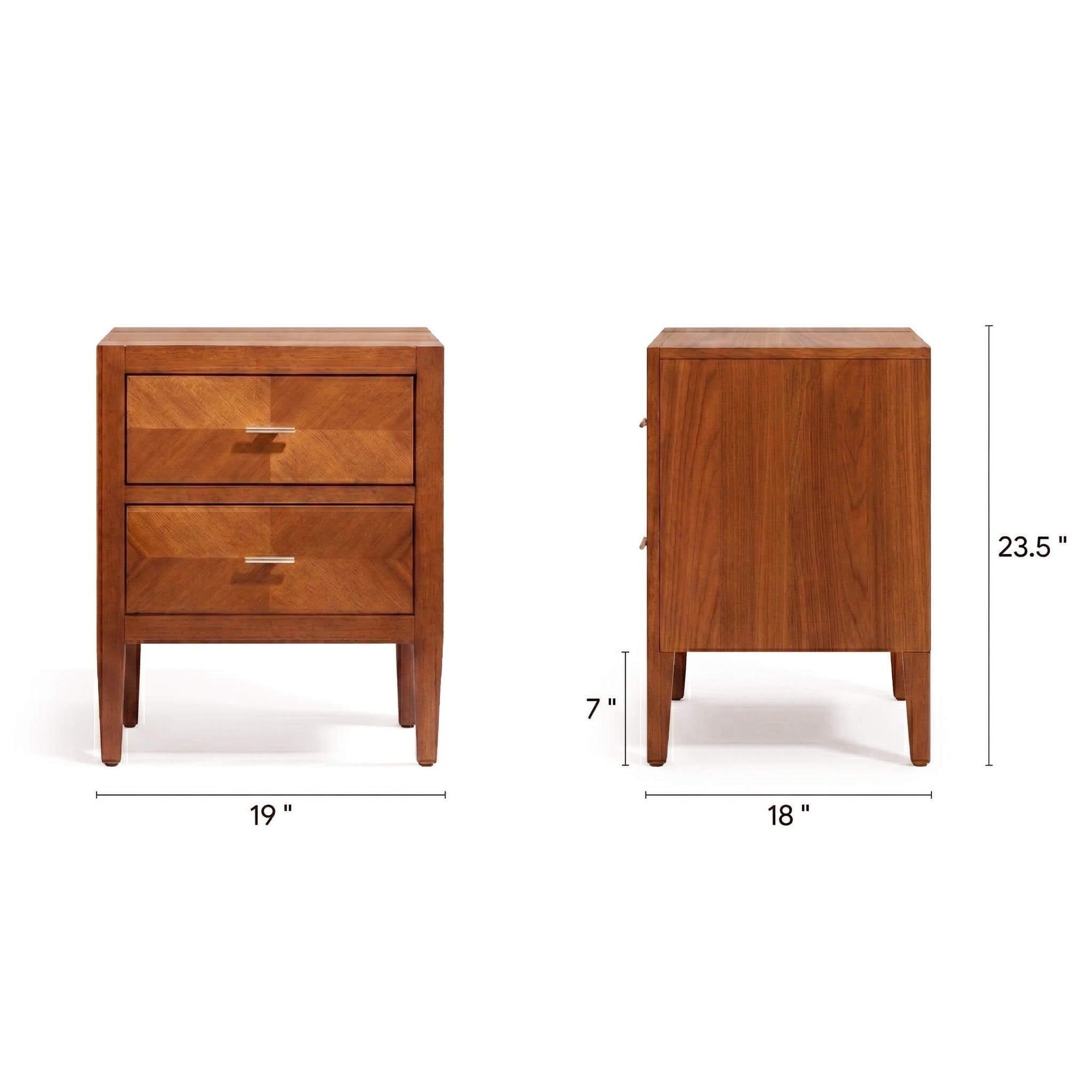 Two wooden nightstands with dimensions on a white background