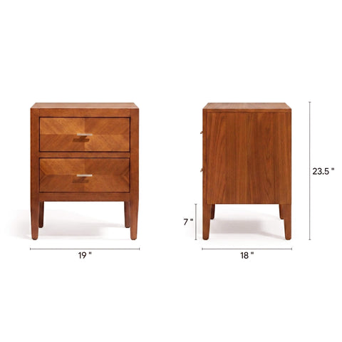 Two wooden nightstands with dimensions on a white background