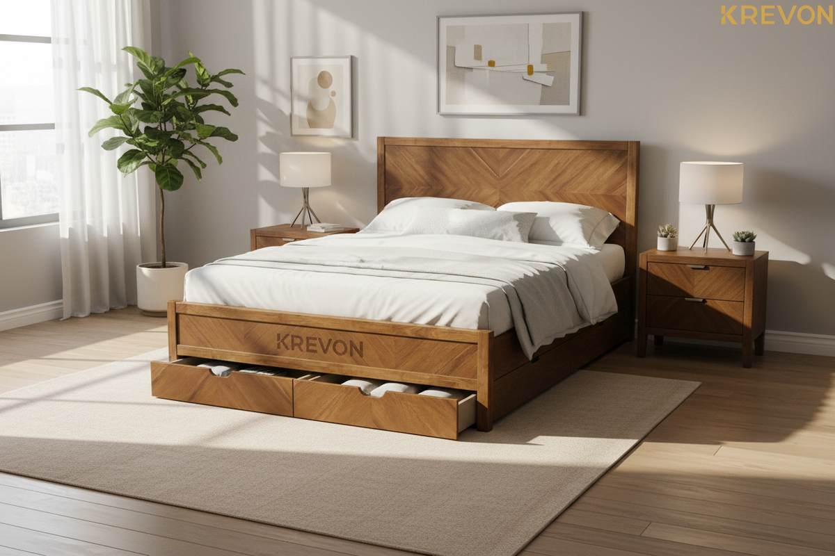 储物床架在卧室场景中 - 带KREVON水印